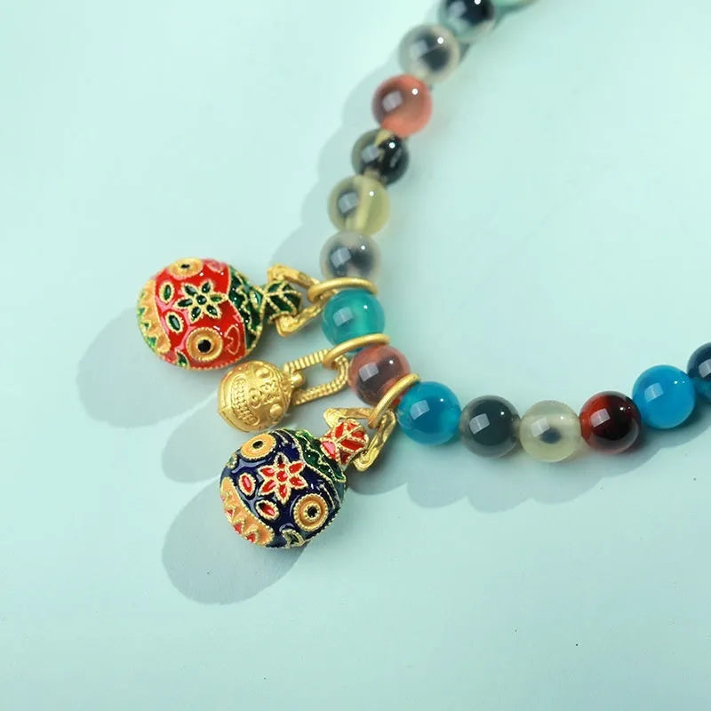Natural colourful sugar heart agate and copper coin coloured glaze snake bracelet for women with traditional Chinese patterns