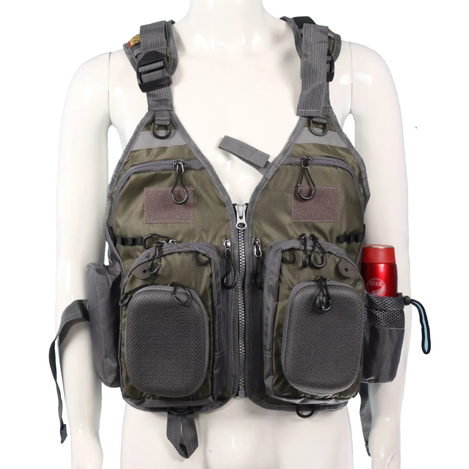 Grey fishing life jacket with chest pockets, reflective strips, and adjustable buckle straps