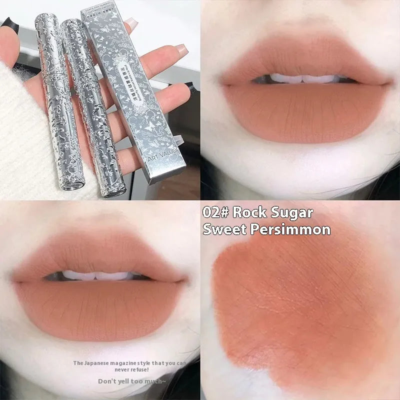 White matte case Velvet Mist Lip Mud Lipstick showing six colour shades