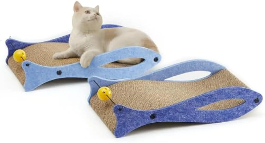 Blue fish-shaped cat scratcher with ball toy on elastic cord and wavy lounge area