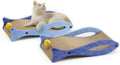 Blue fish-shaped cat scratcher with ball toy on elastic cord and wavy lounge area