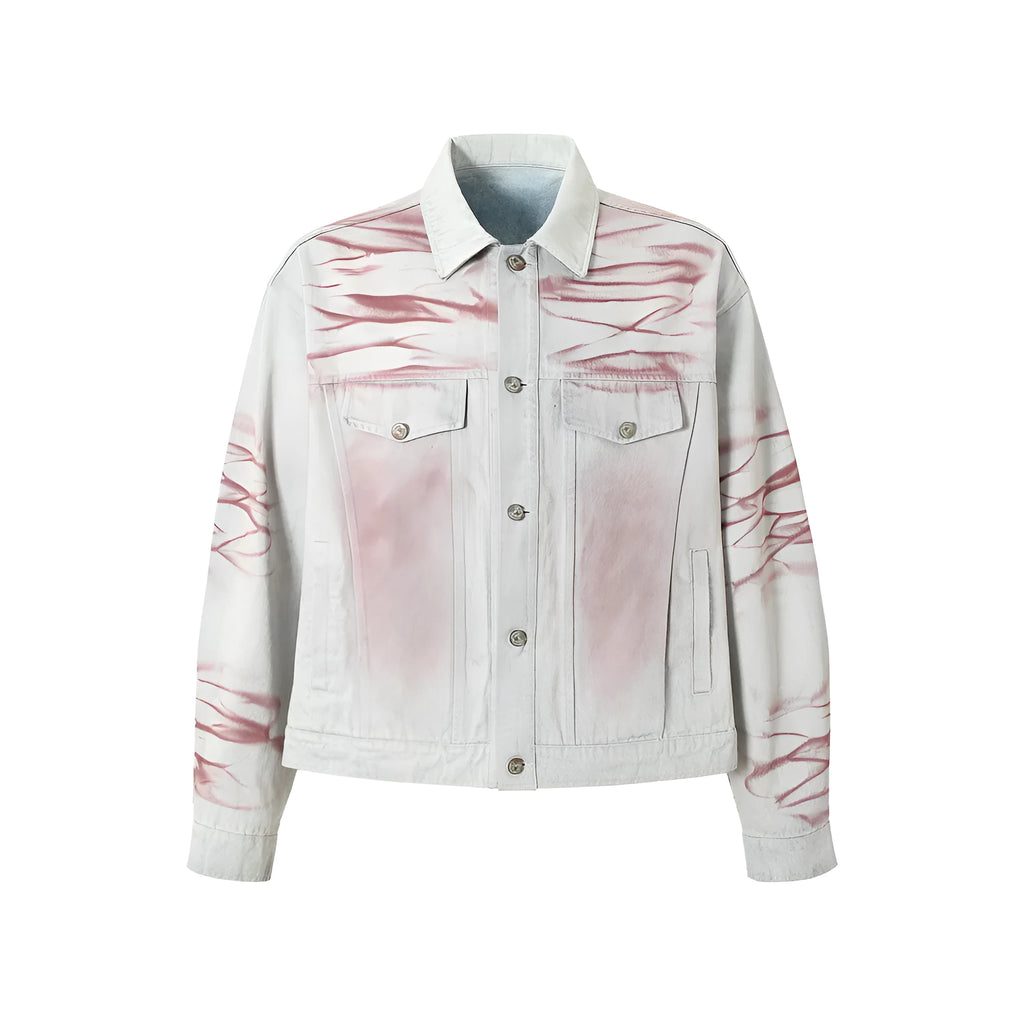 Blue inkjet tie-dyed cotton denim loose jacket for men, long sleeves, straight hem, casual wear