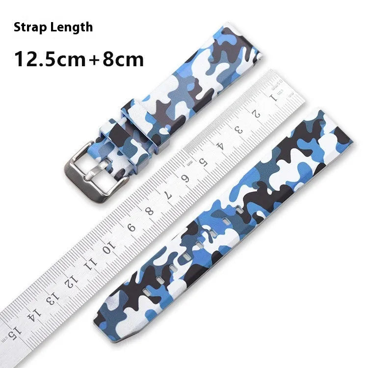 Green camouflage silicone watch strap for flat head watches, shown next to blue and grey pattern options