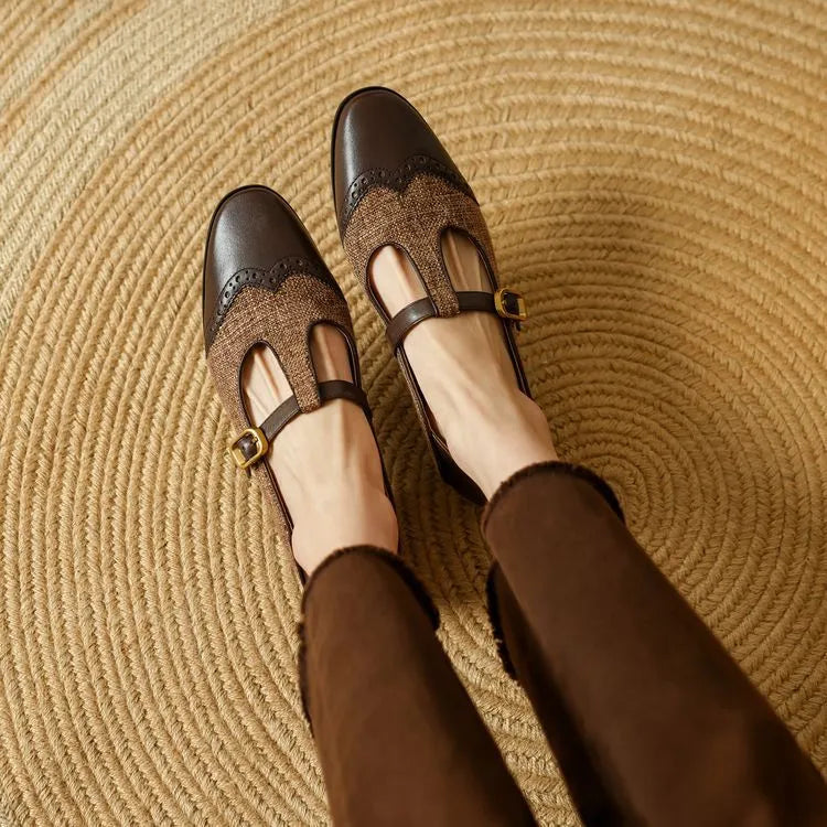 Women's Mary Jane pumps with low chunky heel, T-strap, black cowhide upper, round toe, sizes 34-40