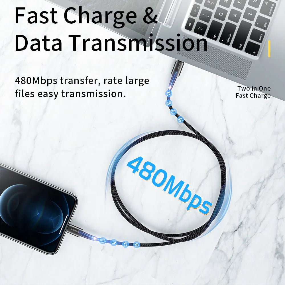 USB-C to USB-C fast charging cable with aluminum alloy connectors and coloured indicator light, available in multiple lengths.
