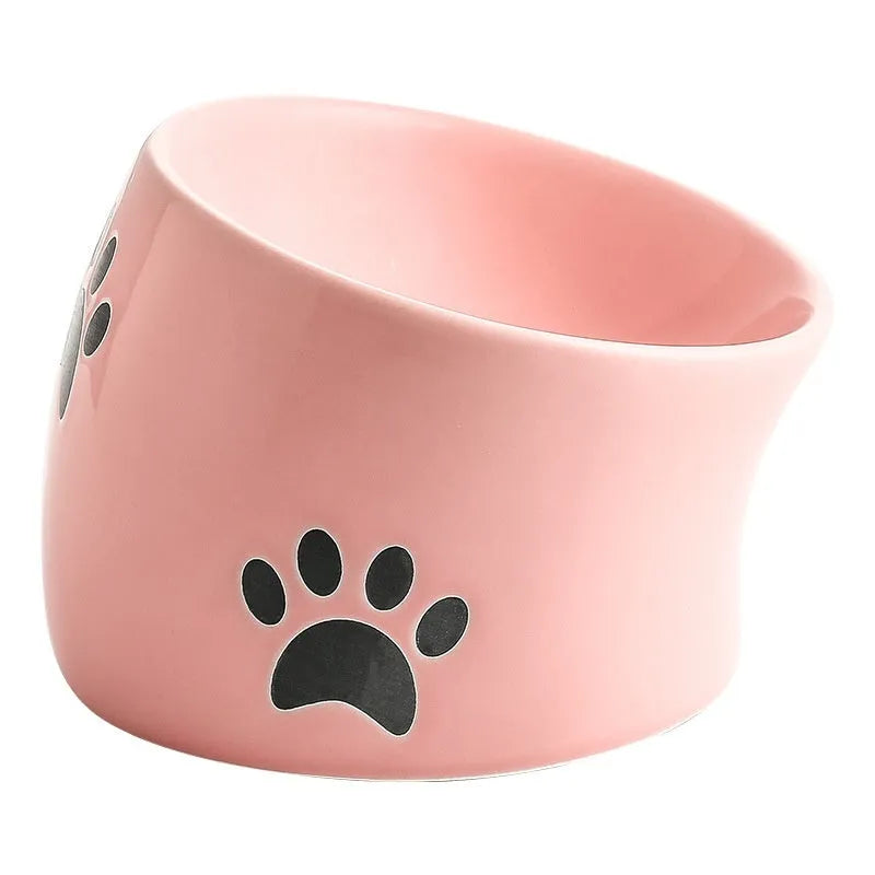 Ceramic cat bowl with high foot design in cat's paw pattern available in multiple colours