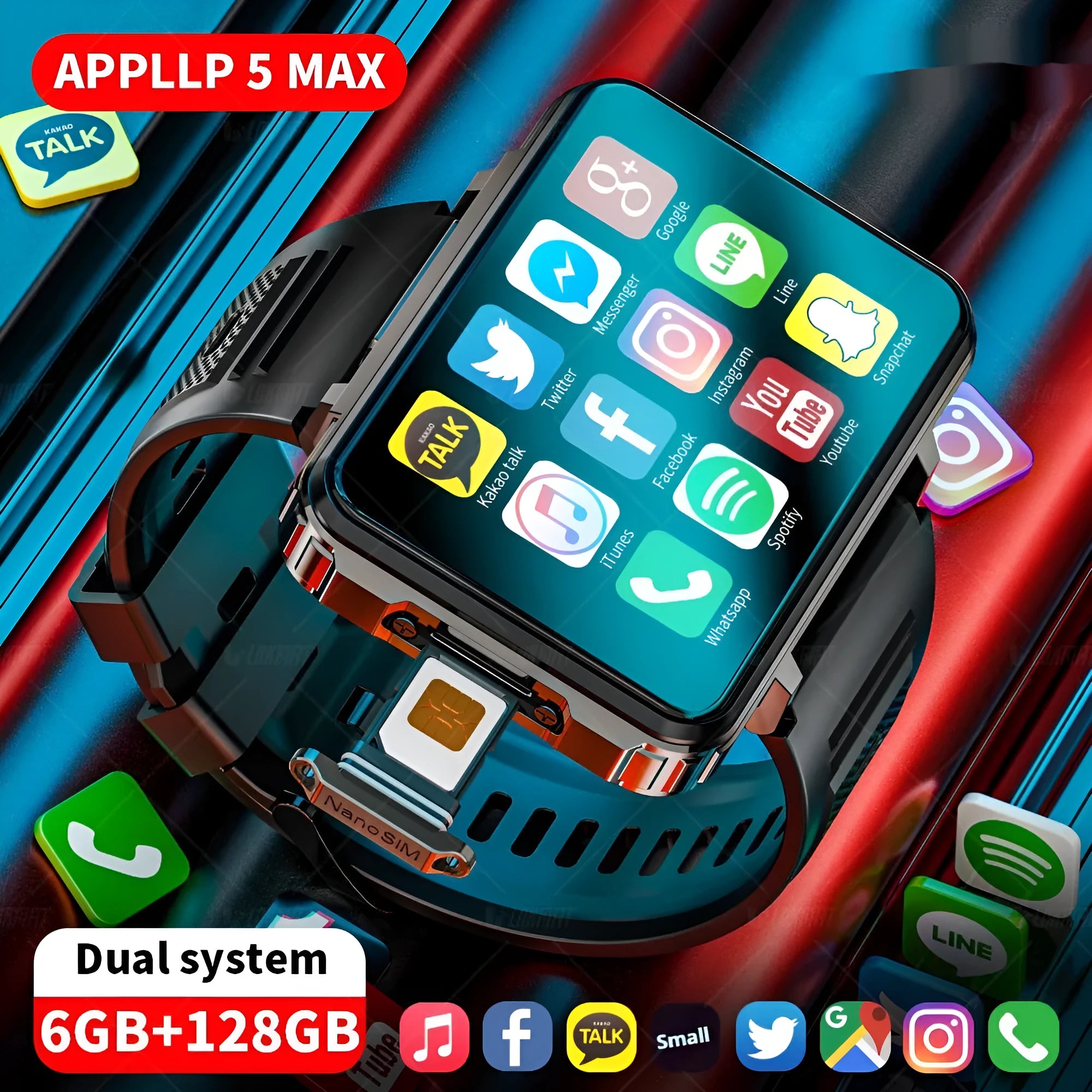 Black 4G Android smart watch with large TFT screen and dual camera on display