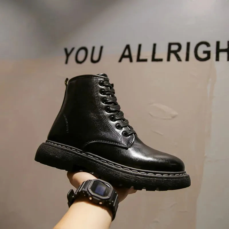 Men's black high-top platform boots with a side zipper, made from frosted cowhide leather.