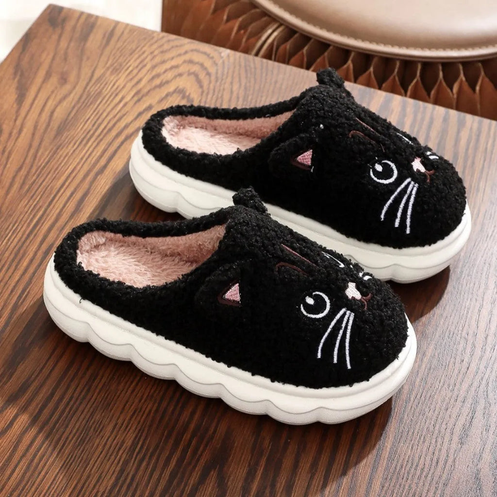 Cartoon cat fluffy slippers with plush upper and EVA sole in pink and gray colour options