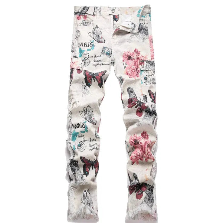 Men's animal digital printed slim fit cotton denim trousers, mid waist zip fly, available in multiple sizes