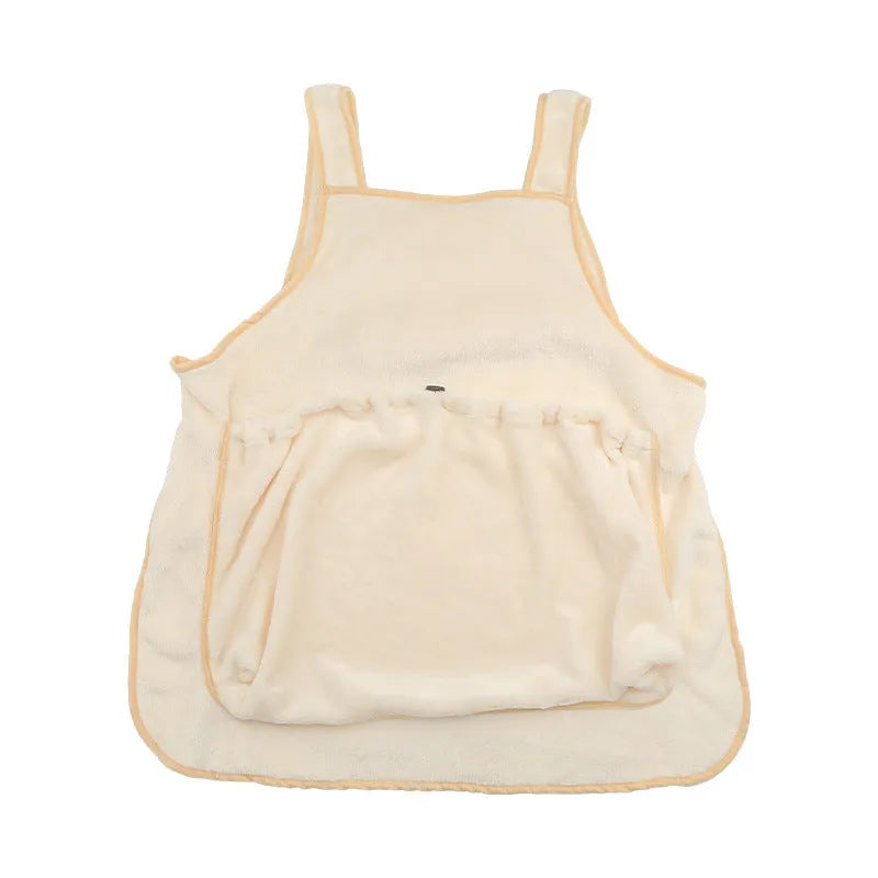 Plush pet carrier apron with adjustable neck strap and sleeping pocket for small cats and dogs