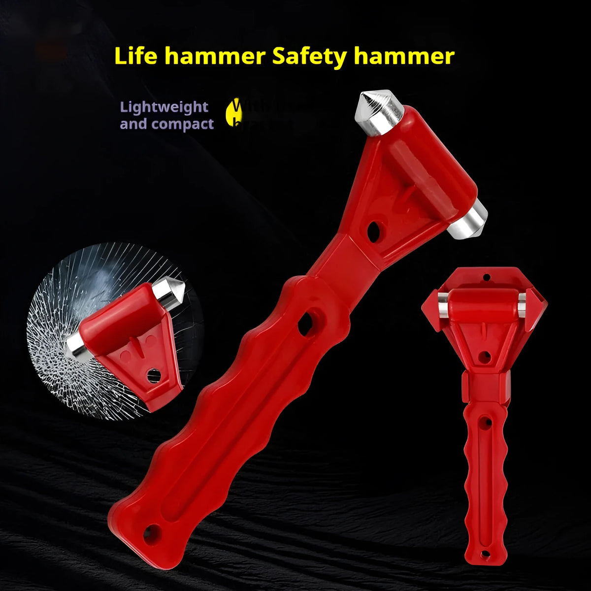Red emergency window breaking hammer with steel striking tip on white background