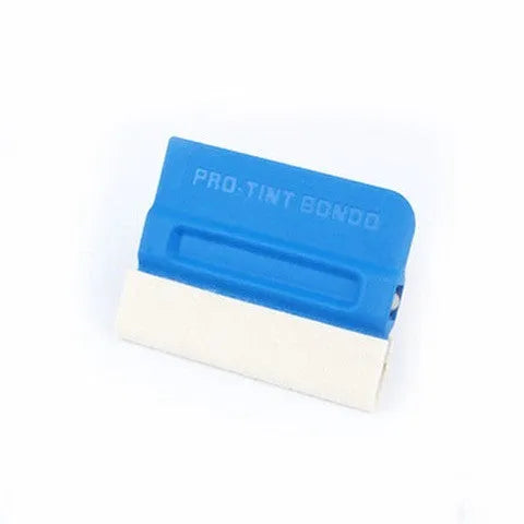 Car vinyl wrap scraper tool with black ABS plastic handle and interchangeable blue deerskin scraping pad.