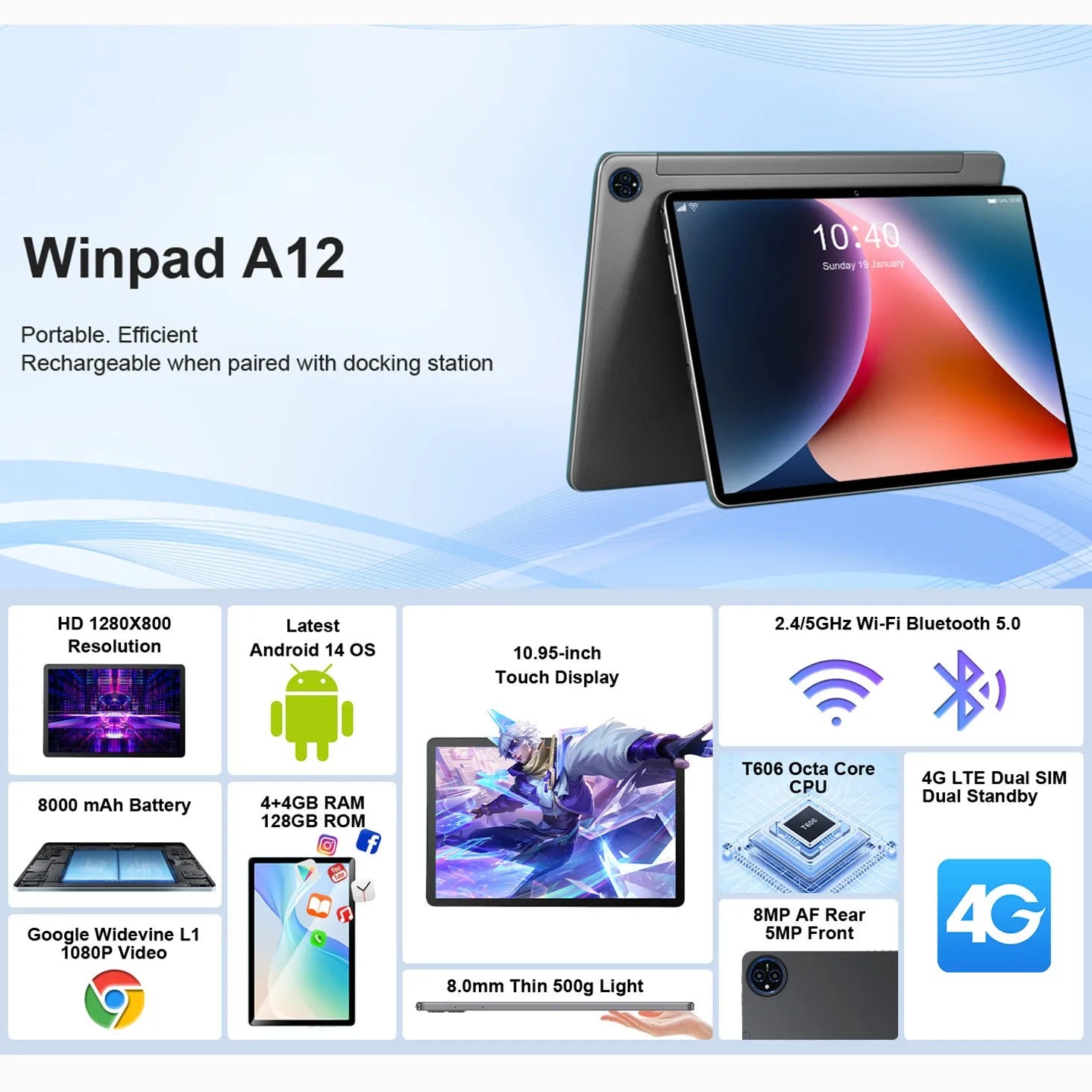 10-inch bare metal blue tablet PC on a desk with charger, USB cable, and screen protector.