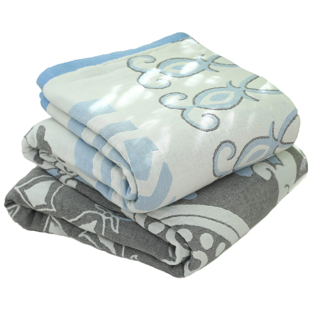 Pure cotton five-layer towel blanket with blue plant and flower coated print pattern
