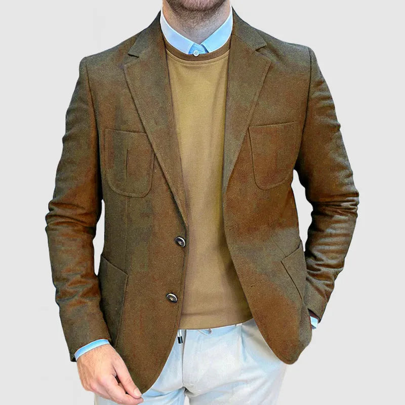 Men's cotton tailored suit jacket in loose retro fit with solid colour design