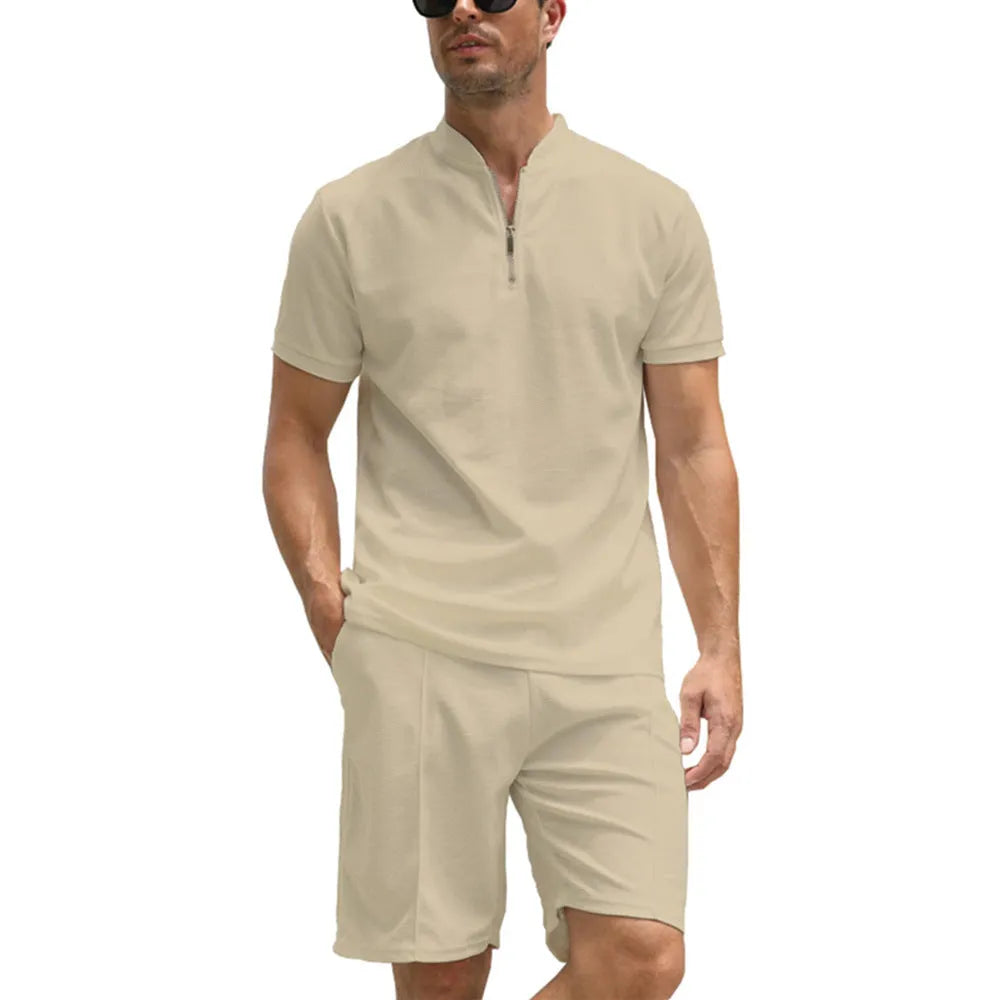 Men's solid colour polo shirt and trousers two-piece set in polyester fabric
