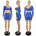 Women's black hollow-out net sleeveless top and short skirt two-piece dress set on a hanger.