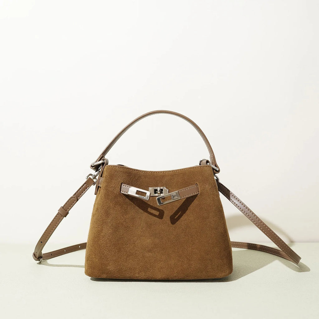 Cortical women's spliced casual crossbody bag in calf brown genuine leather suede vertical square shape with document pocket