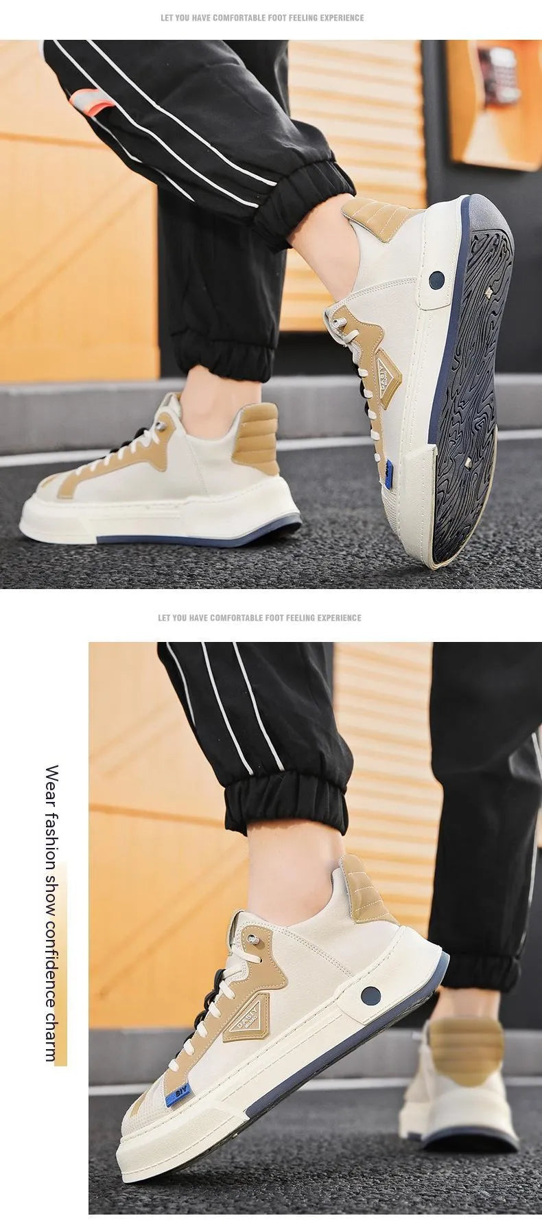 Men's beige and black casual sneakers with mesh lining and elastic band closure