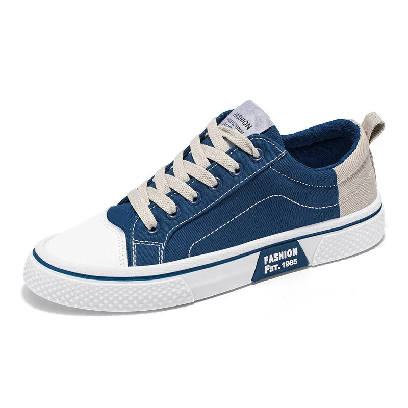 Men's blue canvas casual skateboarding shoes with round toe and lace-up front