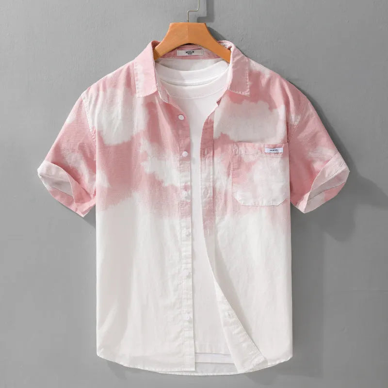 Men's light pink pure cotton short-sleeved shirt with loose-fit cardigan style