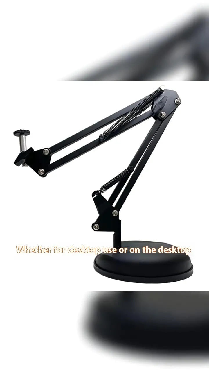 Foldable metal desktop lazy bracket with tablet clip and 360° rotation arm on a desk