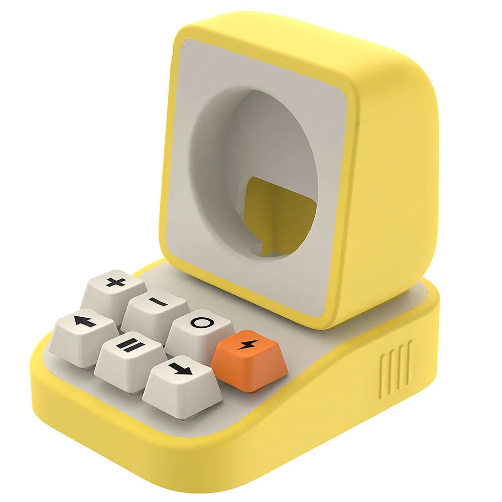 Silicone watch charger bracket in typewriter shape in grey, purple, and yellow colours on a desk