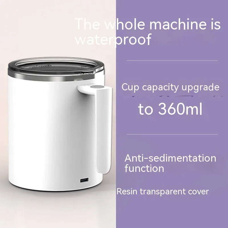 White automatic stirring coffee cup with magnetic base and 360ml capacity