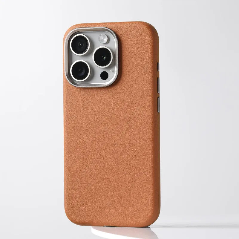 Black MagSafe magnetic leather protective phone case with alloy lens cover for iPhone