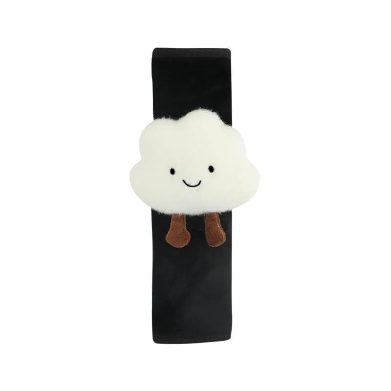 Creative cartoon plush universal automobile seat belt shoulder protector in big-eyed panda design on a grey car seat belt
