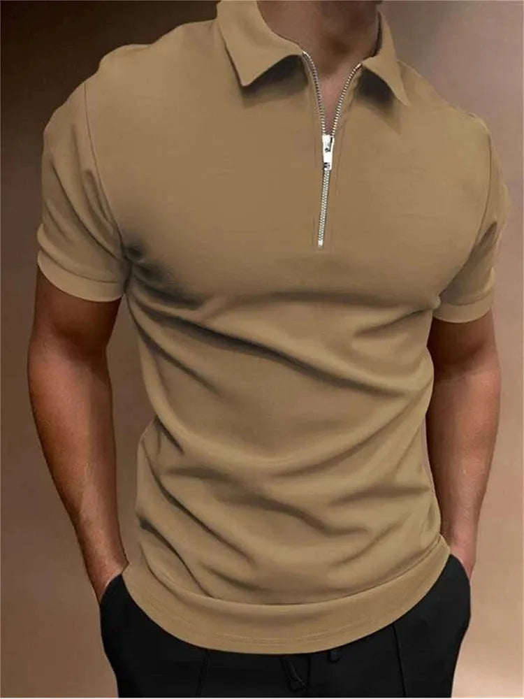 Men's short sleeve polo shirt with digital print in a choice of colours including navy blue, khaki, and light grey.