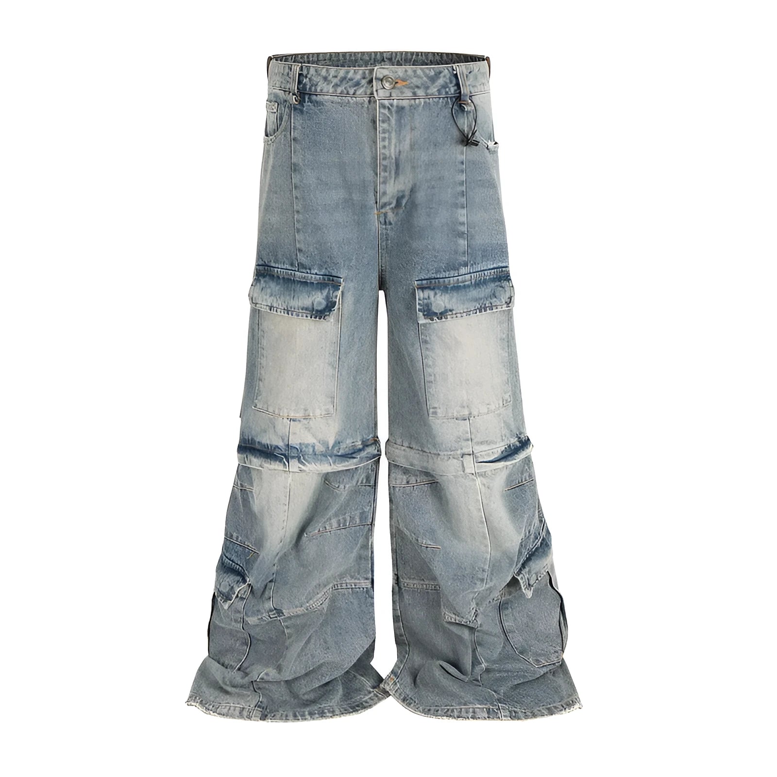 Black washed-out cotton overalls with detachable straps and multiple pockets on a hanger.