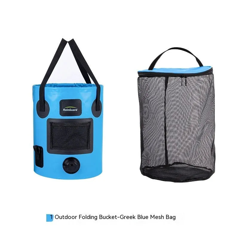25-litre folding plastic outdoor fishing bucket shown in lemon yellow colour with optional built-in mesh net pocket