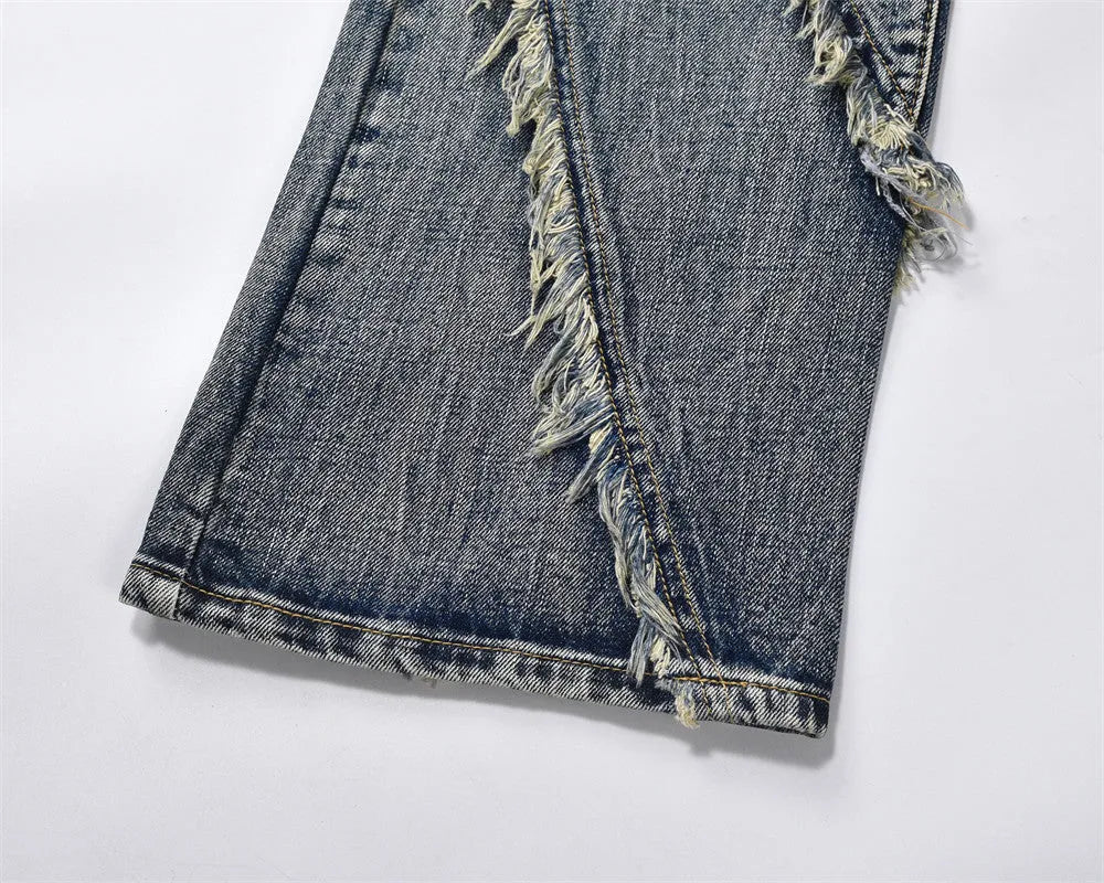 Men's blue denim punk loose straight trousers flat lay