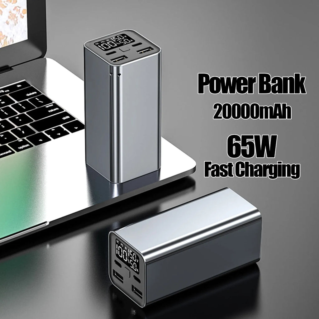 Super Fast 65W metal charging bank with 20000mAh capacity in black, blue, or grey colours.