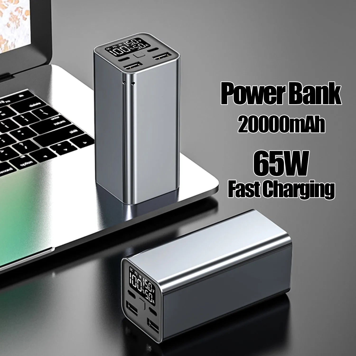 Super Fast 65W metal charging bank with 20000mAh capacity in black, blue, or grey colours.