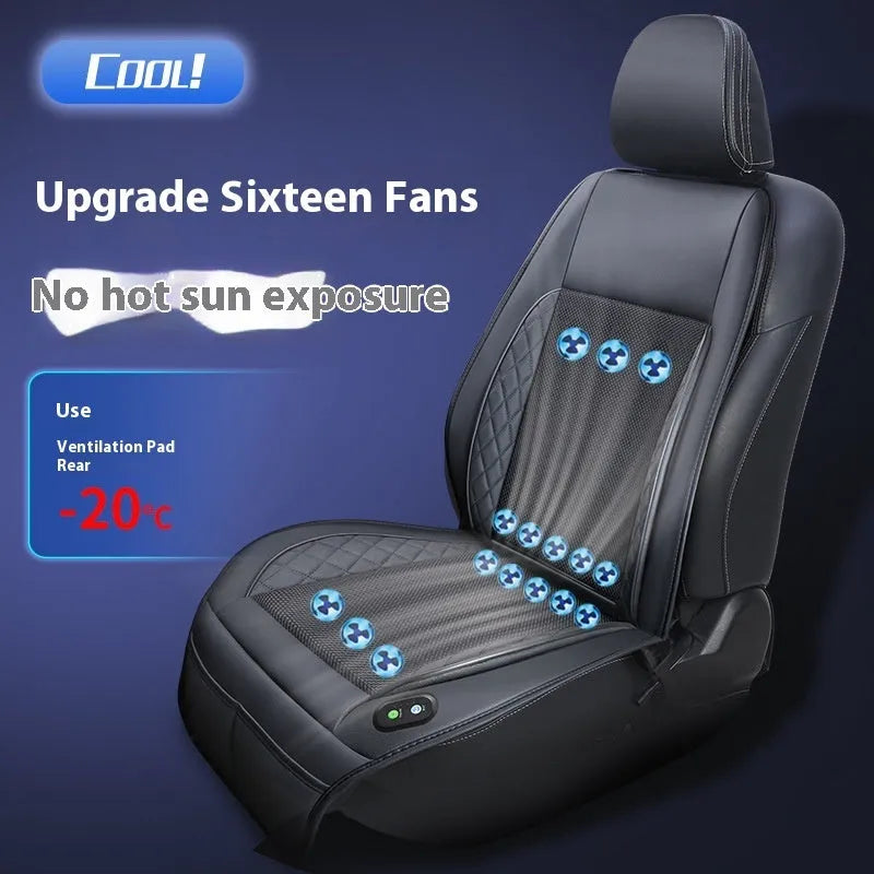 Car ventilation cushion with fan in black fabric, 12V model with 8 fan vents on car seat