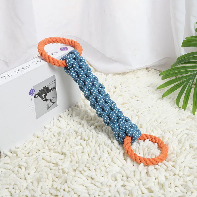 Blue double-ring braided cotton rope dog chew toy showing knot details and size against white background