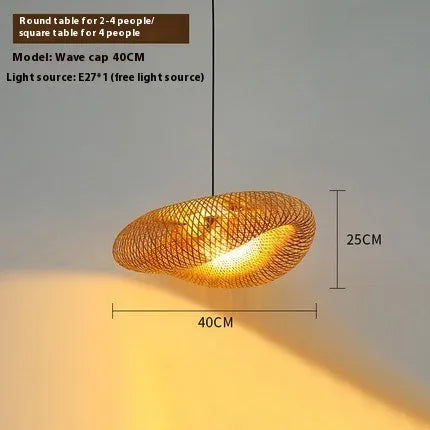 Bamboo straw hat-shaped hanging pendant lamp showing natural bamboo construction and diffused lighting design