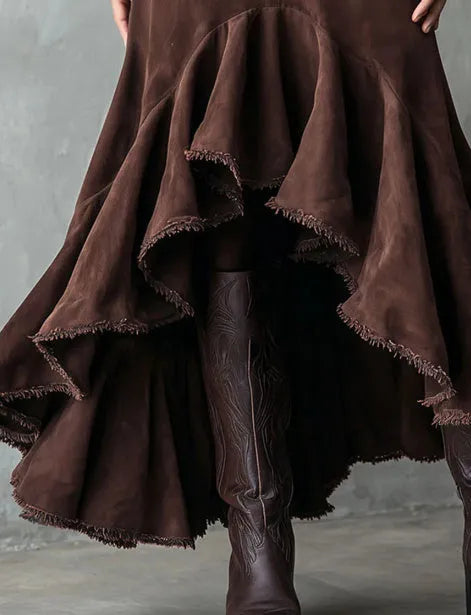 Brown women's maxi skirt with high-low ruffle hem in eco suede polyester fabric