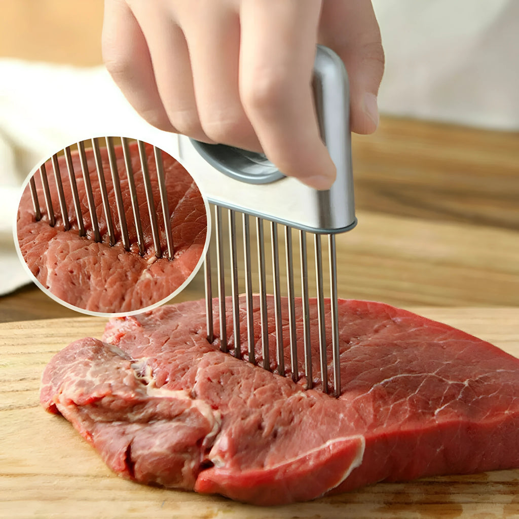 Stainless steel onion holder with sharp prongs and finger guard for cutting vegetables
