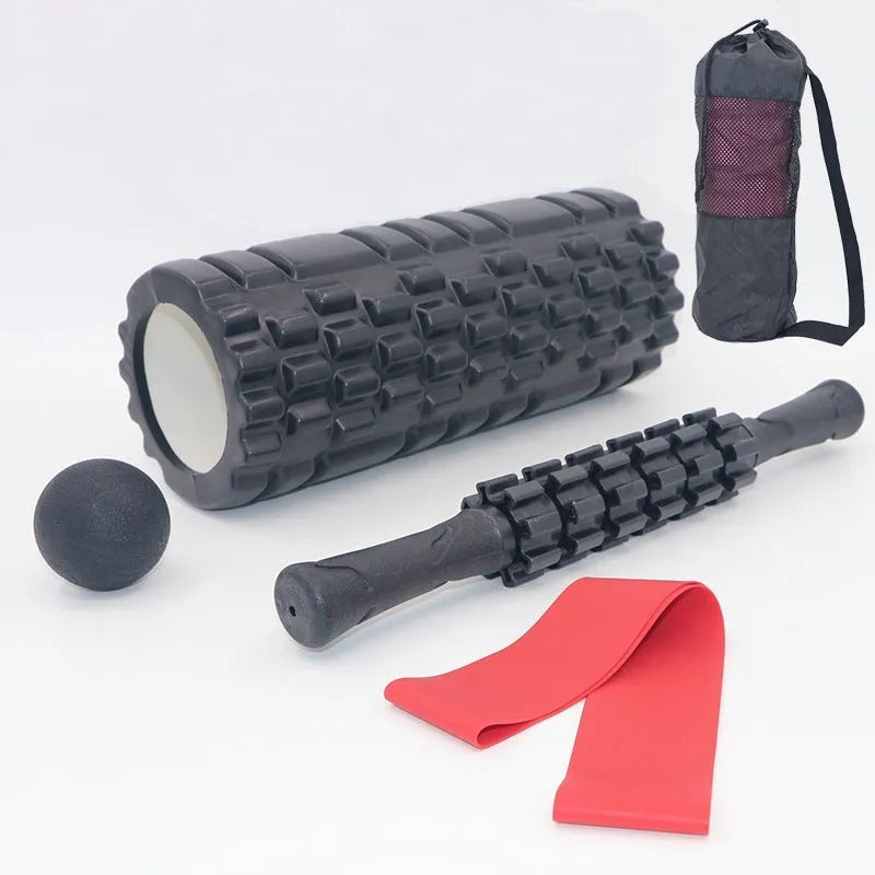 Black foam massage roller stick with six segmented gear design, 33cm length
