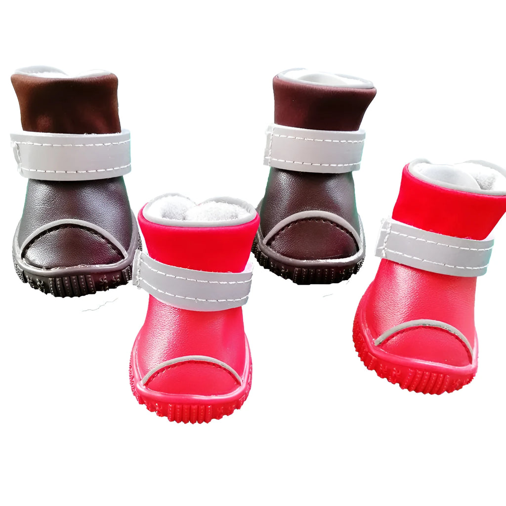Red and coffee PU waterproof rain boots for small dogs with non-slip sole, available in sizes 1-5