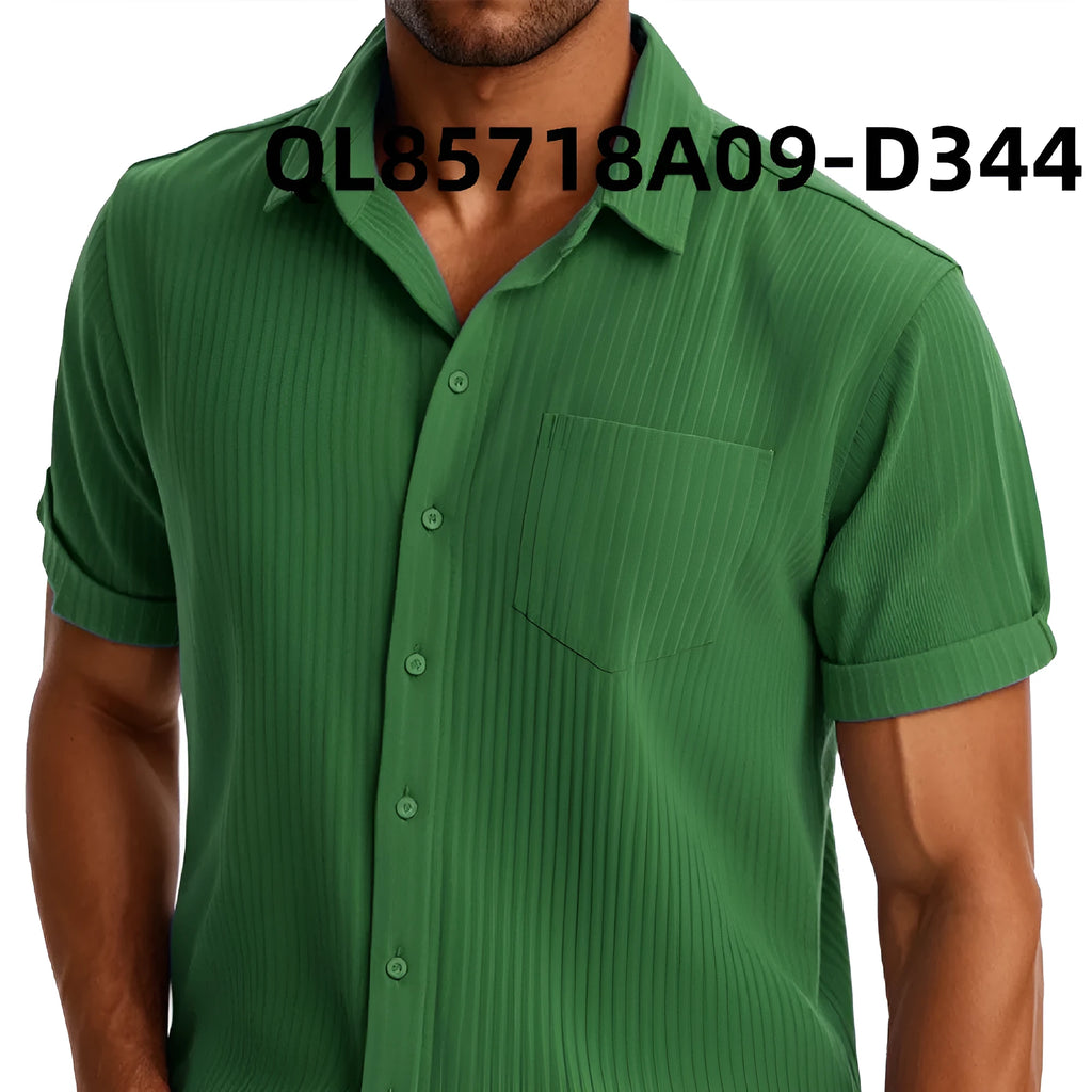 Men's loose fit printed polyester casual shirt with short sleeves and lapel