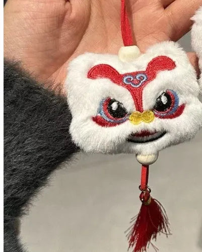 Blue and yellow Chinese style plush lion keychain ornament with tassels and star stone decoration