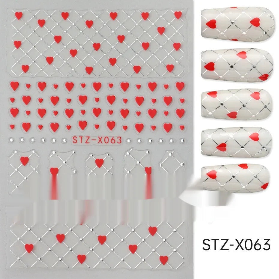Black and silver stripe nail art sticker with a love pattern design on a plastic sheet.