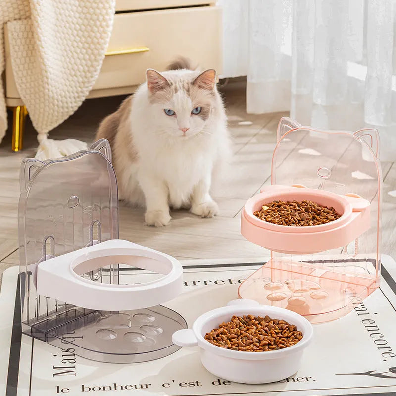 Grey cat ear shaped pet feeding bowl in removable hanging cage