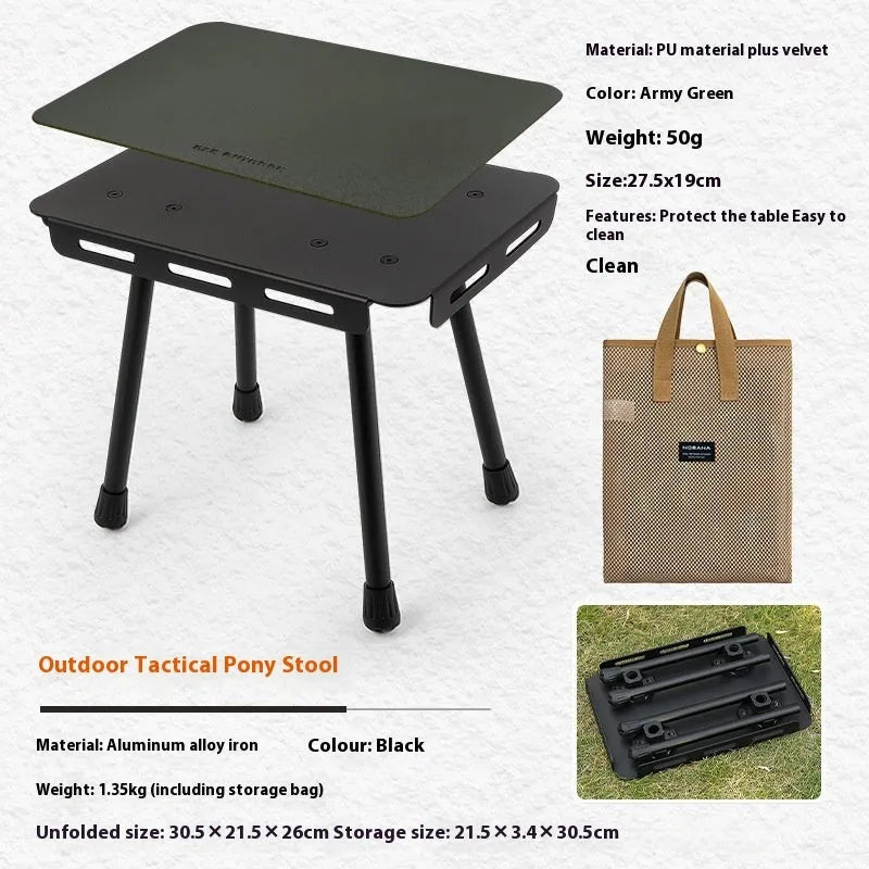CLS aluminium folding camping stool shown in army green, converts into a small table with storage bag