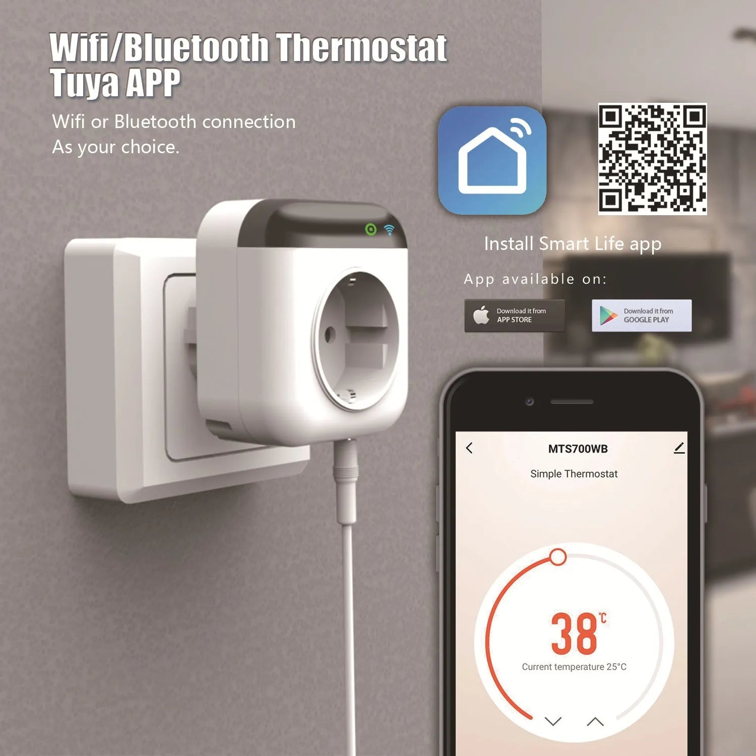 White Tuya WiFi smart temperature control socket with US plug and external temperature sensor probe.
